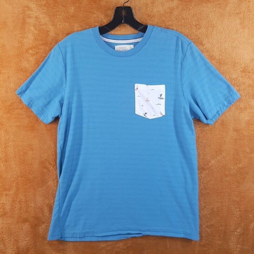 FREE PLANET Mens Shirt Medium Blue Stripe Pullover Crew Pocket Surfing Organic